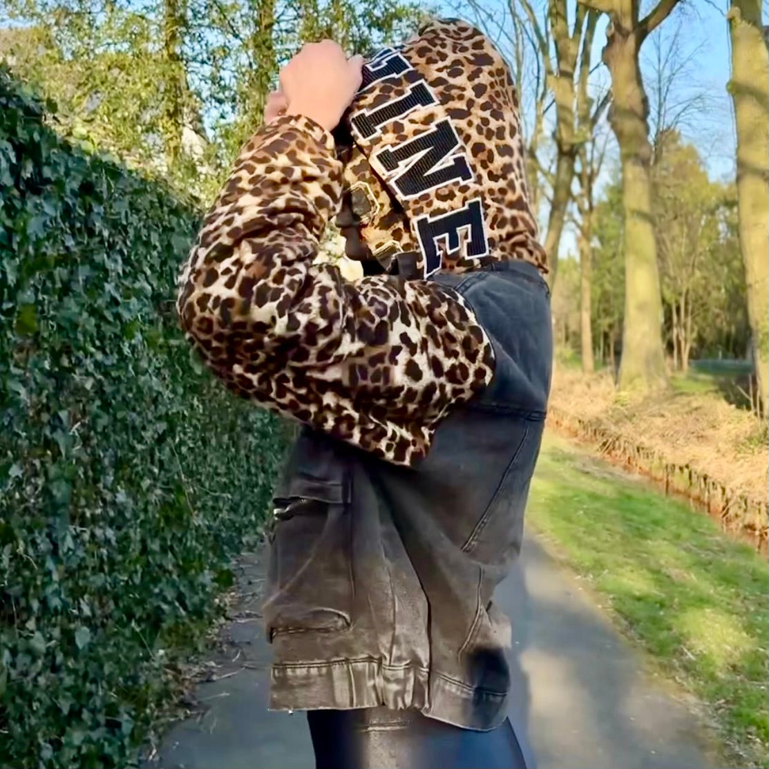 Limited Double-Hooded Black Denim Bomber – & Leopard Print Sleeves