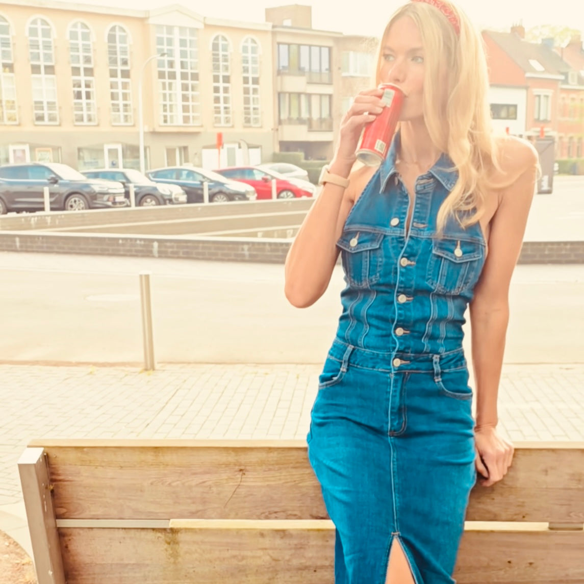 Halter Neck Button-Down Denim Dress