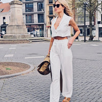 White Crop Vest & Wide-Leg Trousers Set