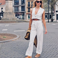 White Crop Vest & Wide-Leg Trousers Set