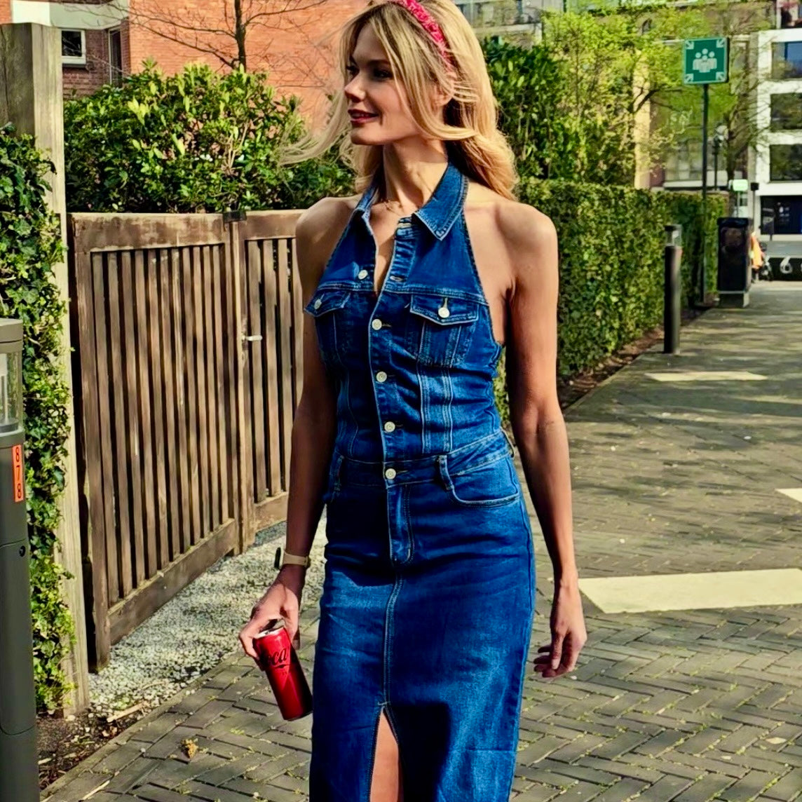 Halter Neck Button-Down Denim Dress