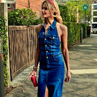Halter Neck Button-Down Denim Dress