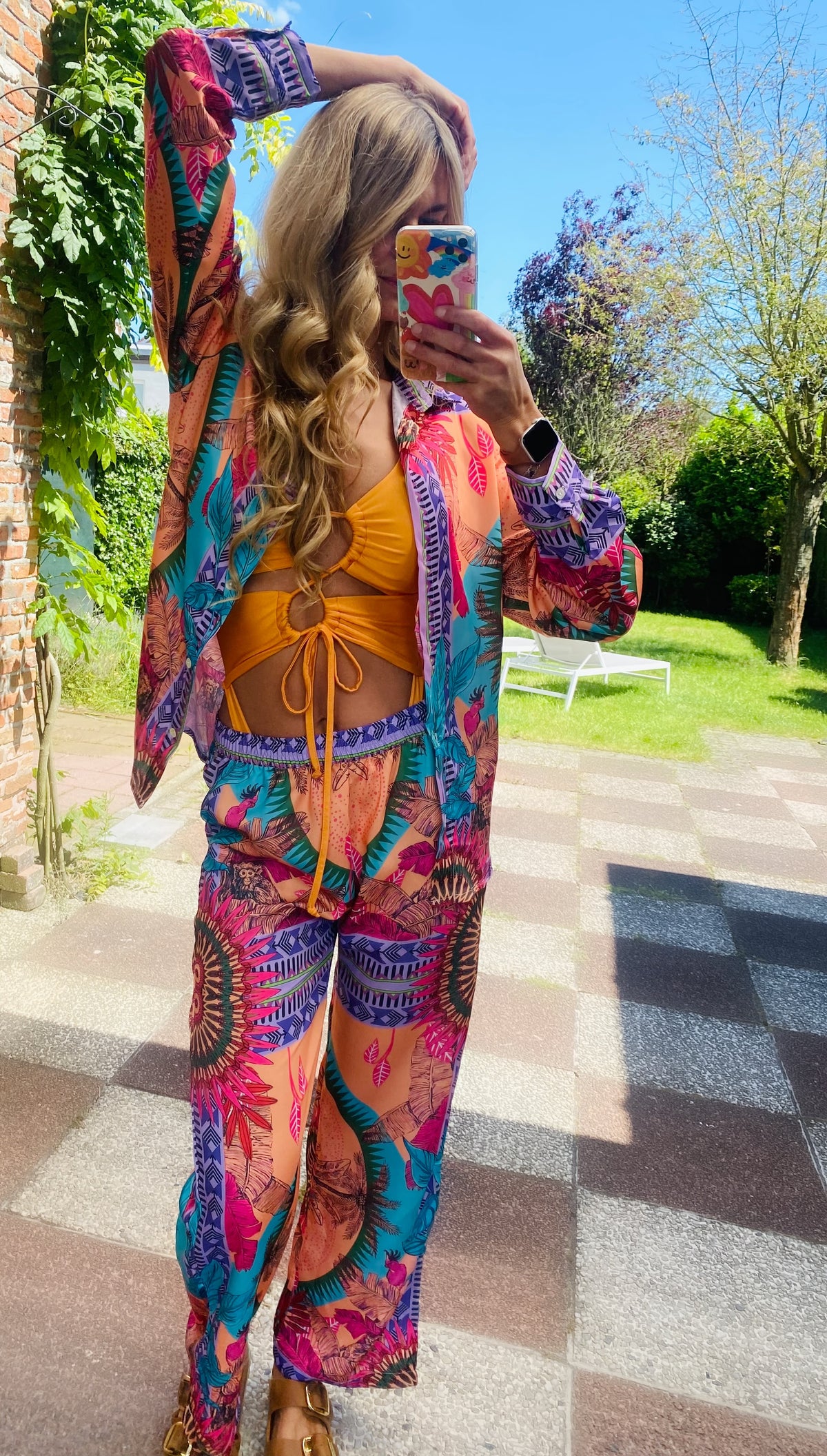 Vibrant Tropical Print Pants and Shirt Set