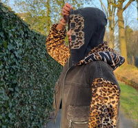 Limited Double-Hooded Black Denim Bomber – & Leopard Print Sleeves