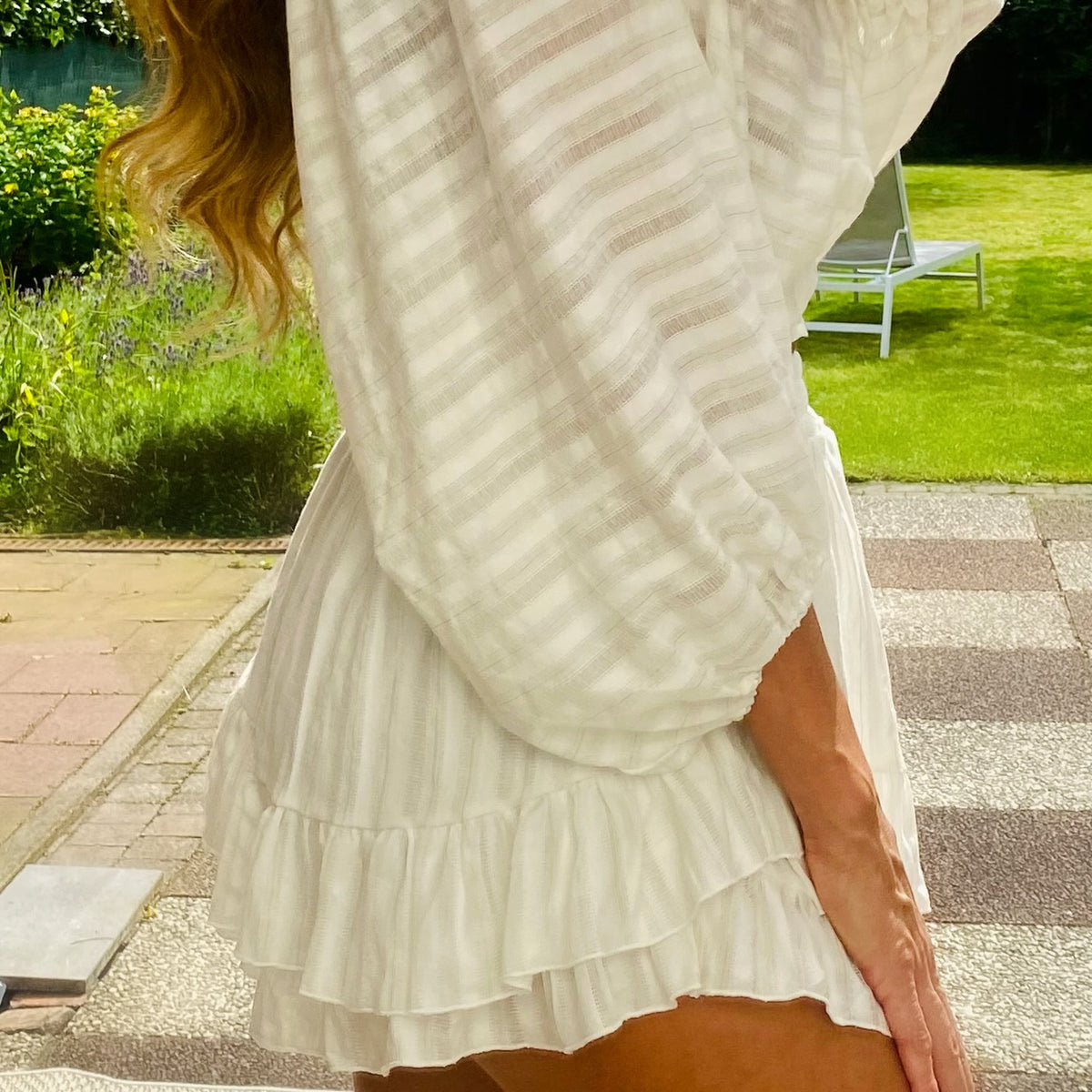 Chic White Boho Ruffle Skort and V-Neck Blouse Set