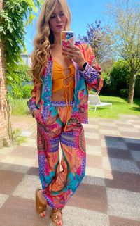 Vibrant Tropical Print Pants and Shirt Set