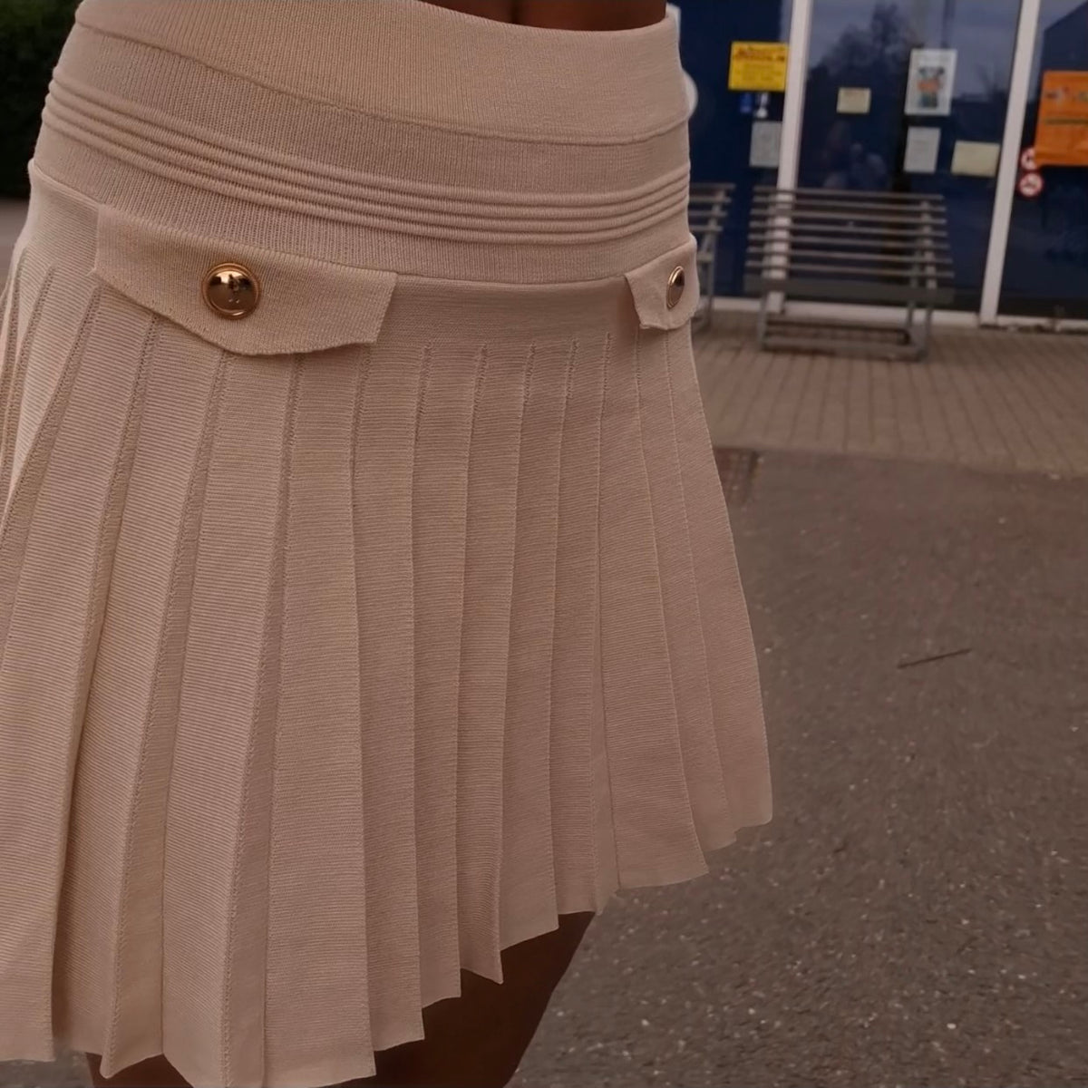 Pleated Skirt with Gold Button Accents