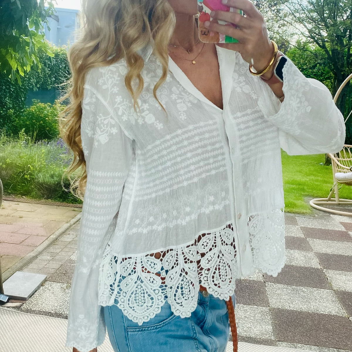 Delicate White Cotton Lace Trim boho Blouse