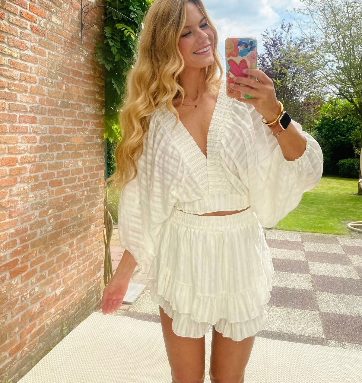 Chic White Boho Ruffle Skort and V - Neck Blouse Set - LouisCharisse