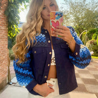 Denim Jacket with Blue Crochet Sleeves - LouisCharisse