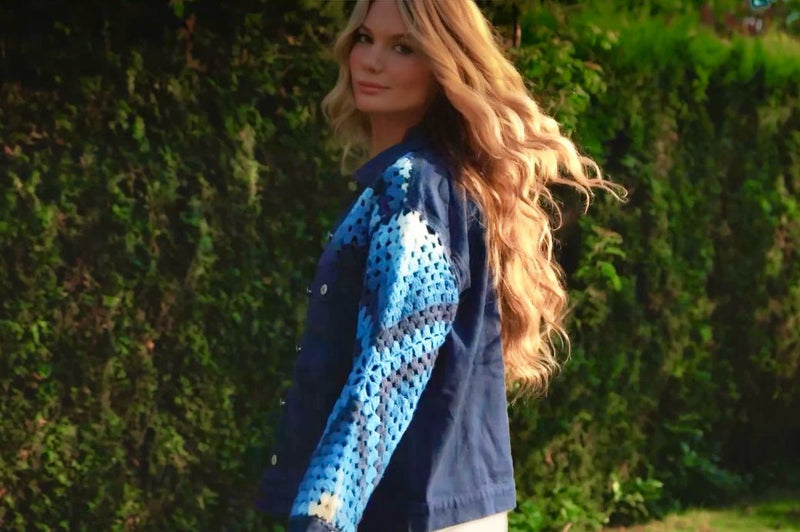 Denim Jacket with Blue Crochet Sleeves - LouisCharisse