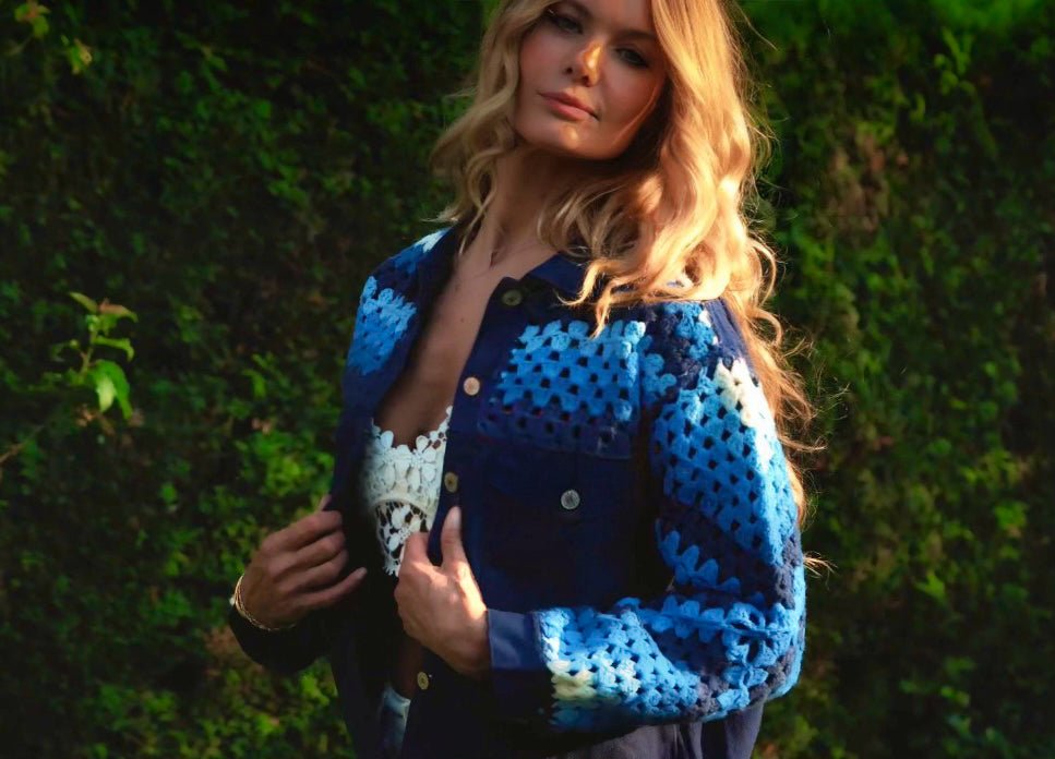 Denim Jacket with Blue Crochet Sleeves - LouisCharisse