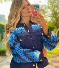 Denim Jacket with Blue Crochet Sleeves - LouisCharisse